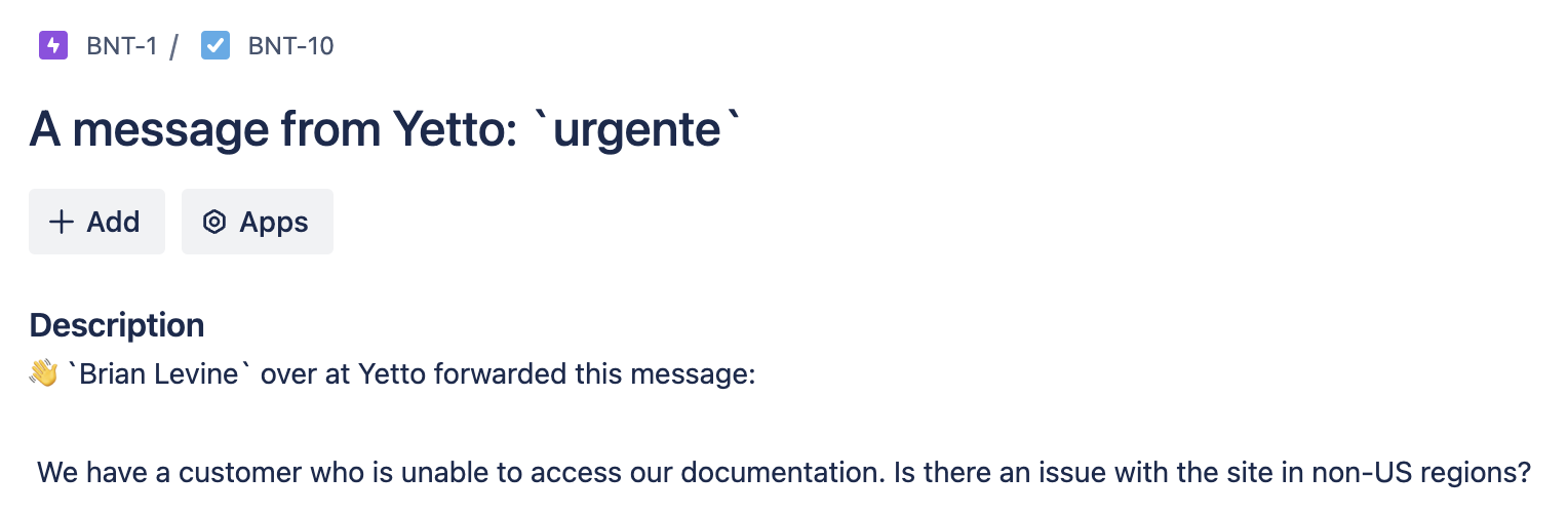 image of an issue in Jira opened by an internal comment in Yetto